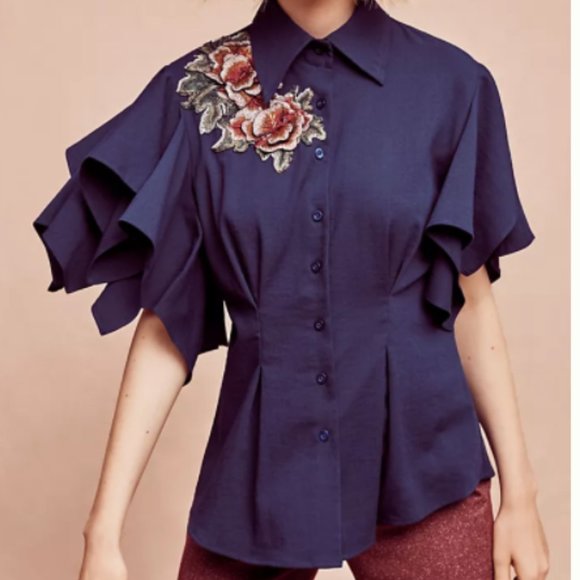Anthropologie Tops - Anthropologie Mynah Designs Floral Applique Navy Flutter Sleeve Blouse